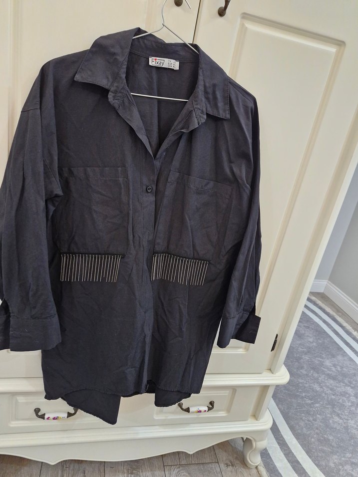 Siyah Uzun Kollu Düğmeli Keten Gömlek - Görsel 4