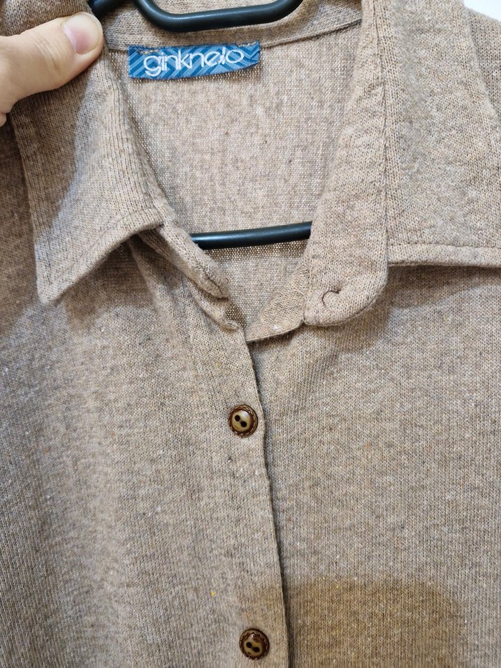 Düğmeli Bej Kadın triko Gömlek - Görsel 3