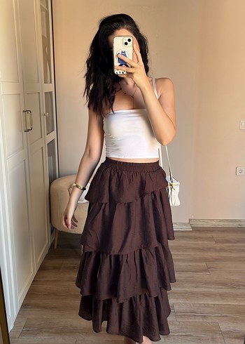 Kadın Kahverengi Bohem Midi Etek