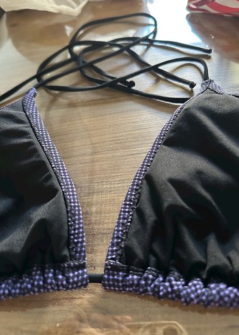 38 Beden mavi Renk Lacivert Puantiyeli İpli Bikini Üstü