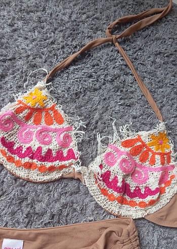 s Beden Dantel İşlemeli Kahverengi Bohem Bikini