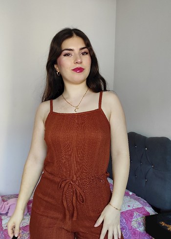 Kahverengi Örgü kadın Kısa tulum - Görsel 2