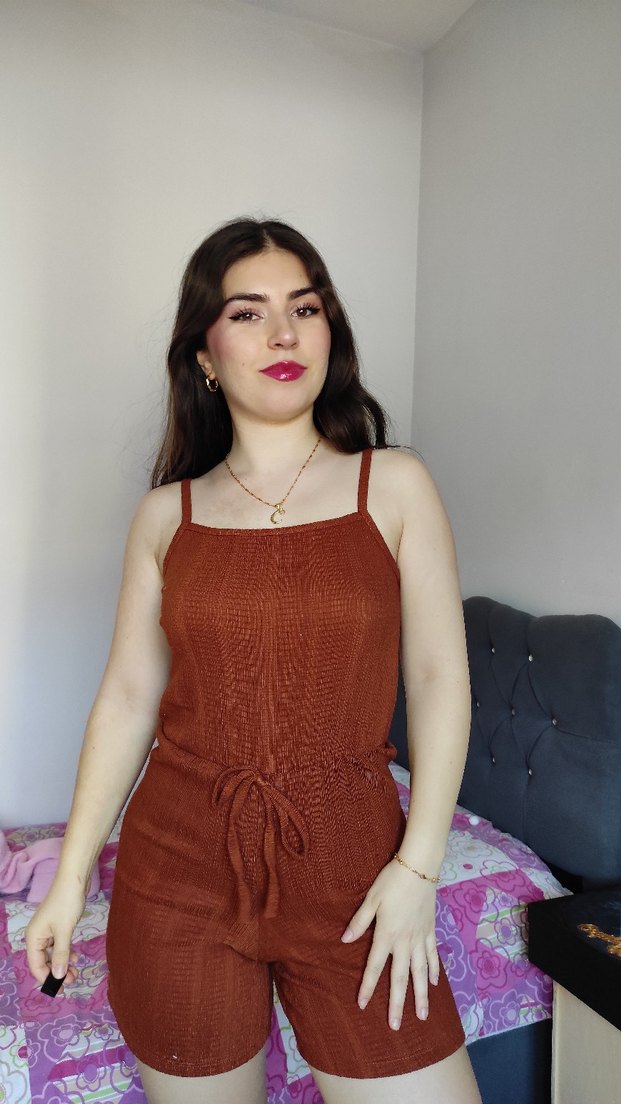 Kahverengi Örgü kadın Kısa tulum - Görsel 2