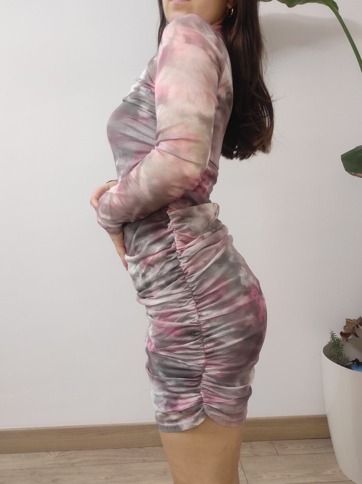 Pembe Gri çiçekli drapeli tül detaylı mini Elbise - Görsel 4