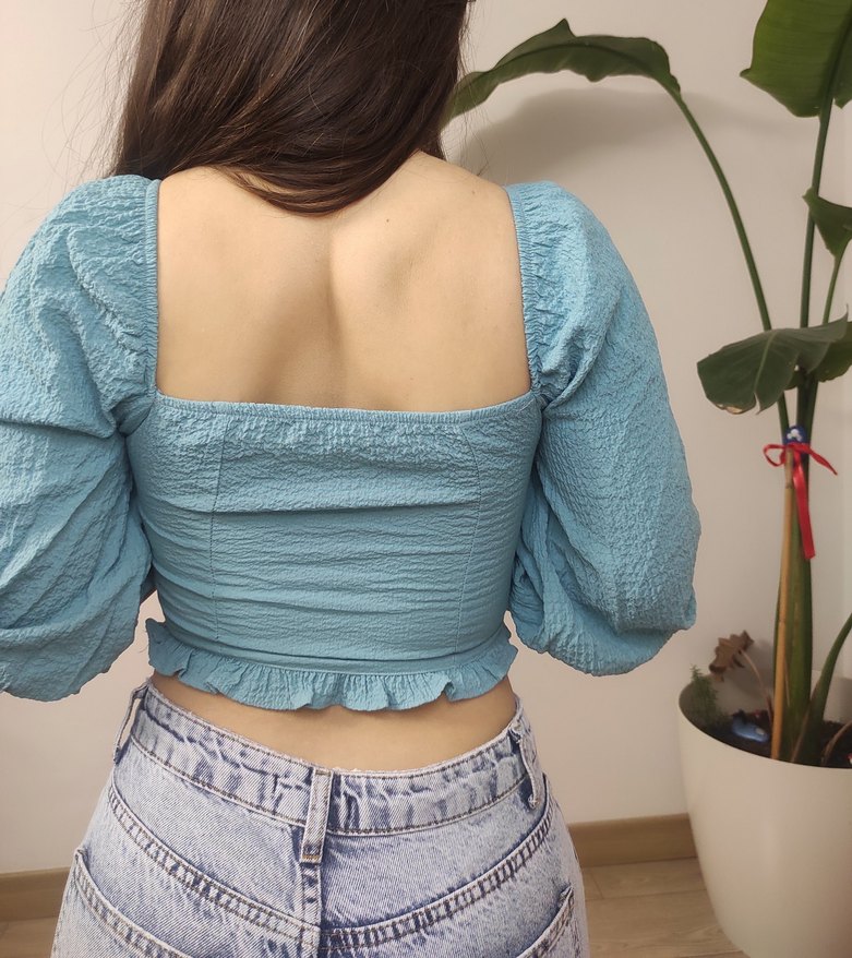 Bershka Mavi V Yaka Kısa Bohem Bluz - Görsel 3