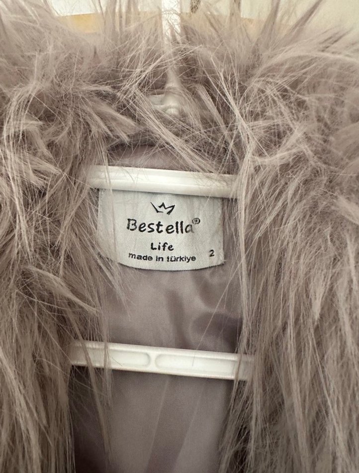 Gri Bohem Uzun Kollu Suni Kürk Midi Ceket - Görsel 3