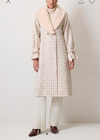 Bej Ekose Desenli Uzun Kadın Kaban - Görsel 4