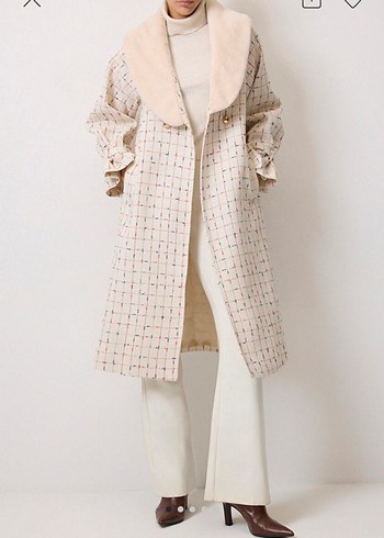 Bej Ekose Desenli Uzun Kadın Kaban - Görsel 3