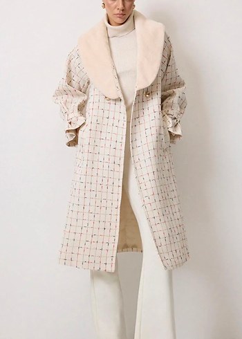 Bej Ekose Desenli Uzun Kadın Kaban - Görsel 2