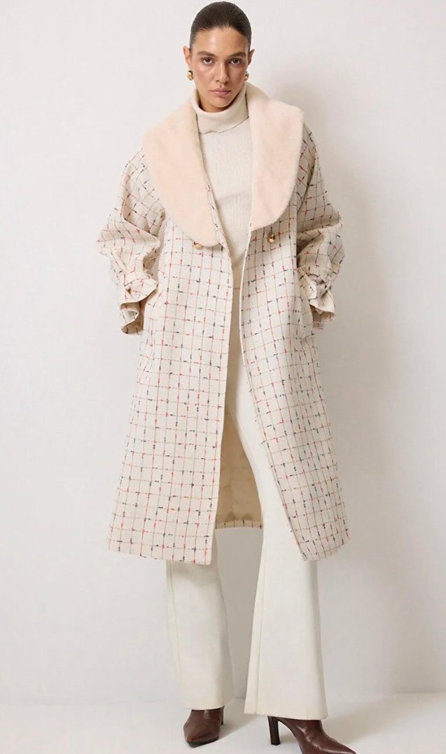 Bej Ekose Desenli Uzun Kadın Kaban - Görsel 2