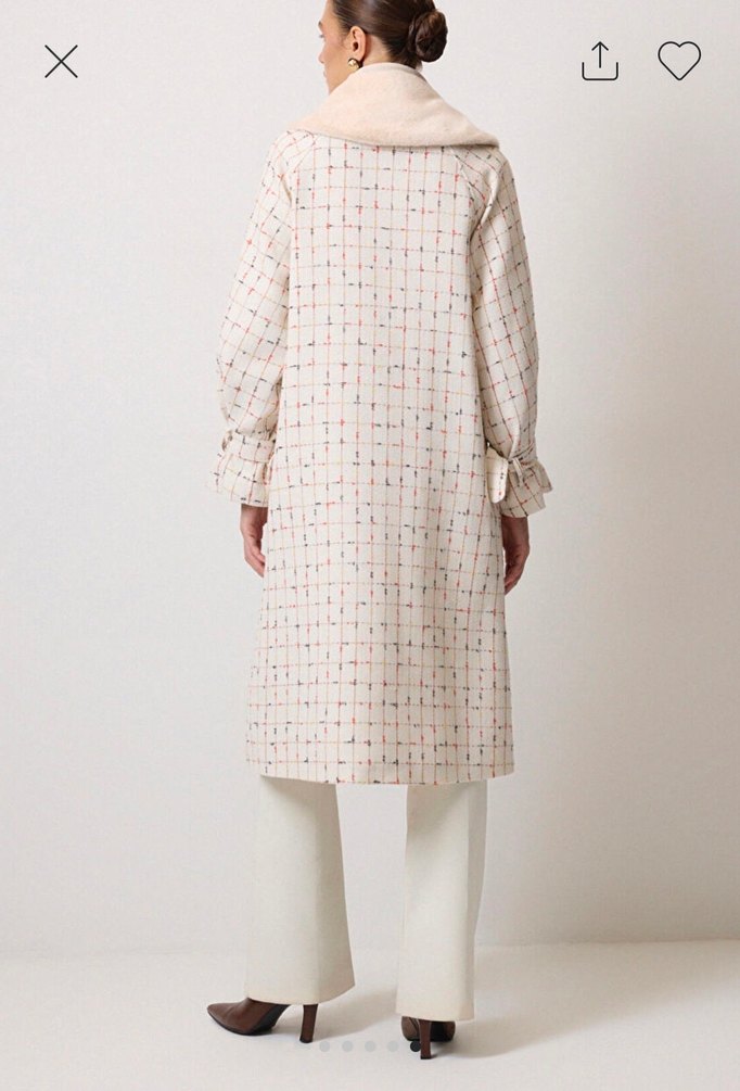 Bej Ekose Desenli Uzun Kadın Kaban - Görsel 5