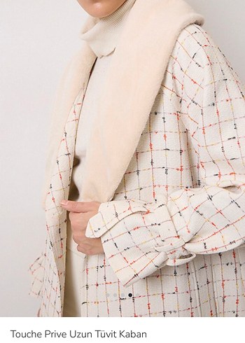 Bej Ekose Desenli Uzun Kadın Palto - Görsel 4