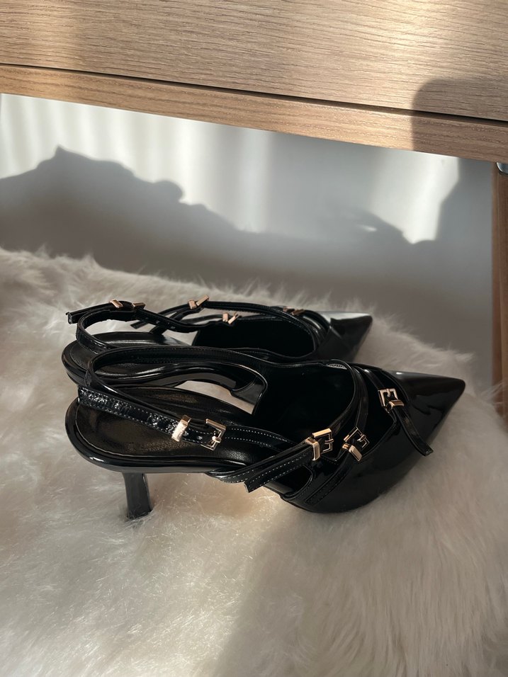 Siyah Deri Stiletto Kemerli Yılan Desenli - Görsel 2