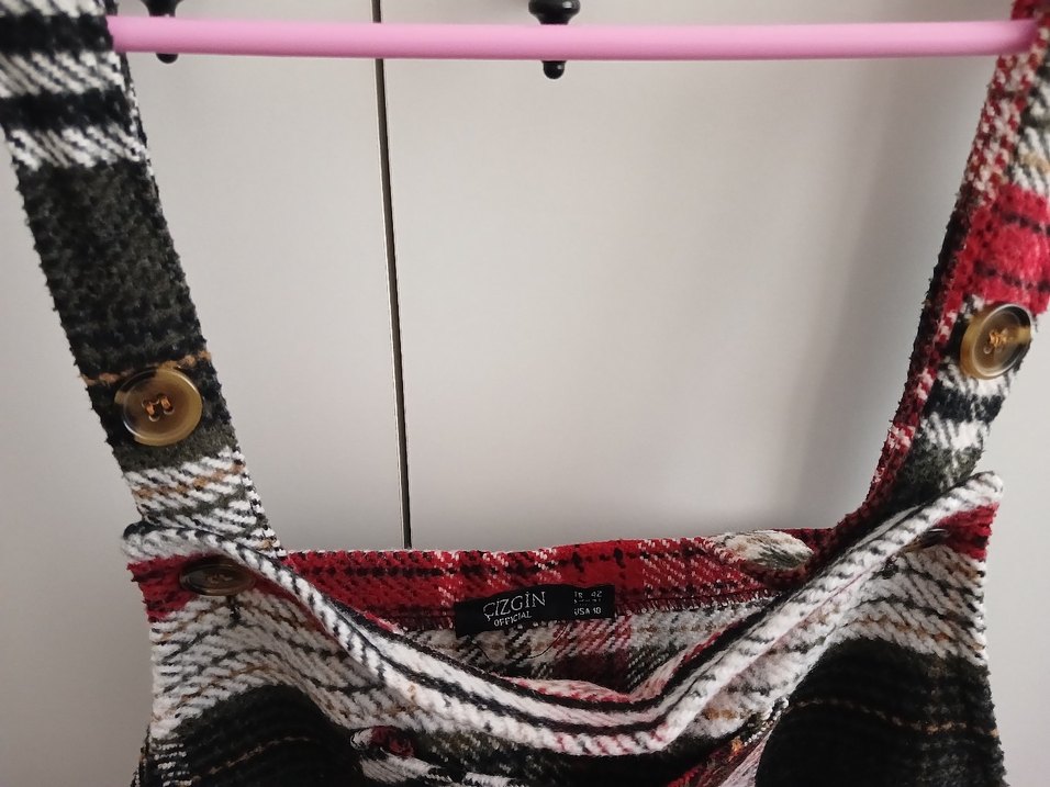 Ekoseli Askılı Kadın Slopet Elbise - Görsel 5