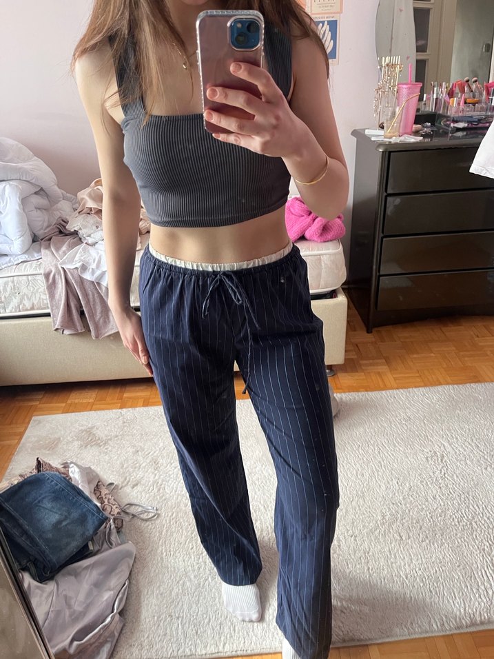 bel detaylı lacivert çizgili pantolon - Görsel 2