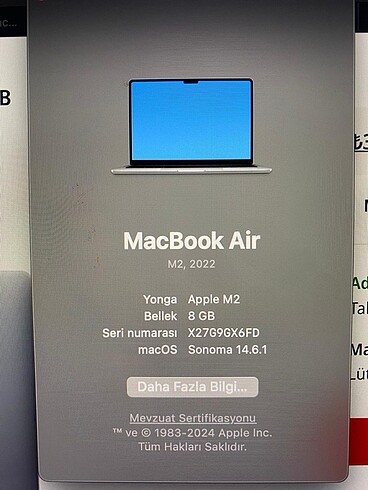 Beden Renk Macbook Air M2 2022 256GB SSD