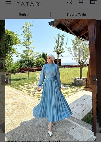 m Beden Melike tatar Mavi Piliseli Uzun Kollu Abiye Elbise