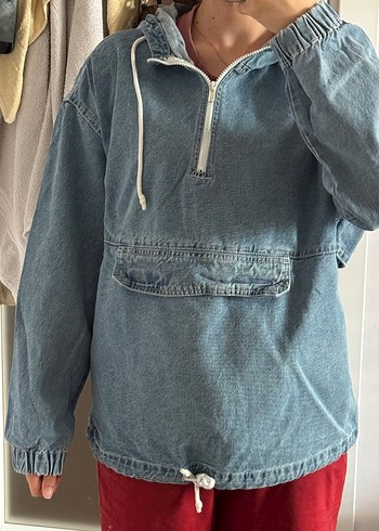 s Beden gri Renk Mavi Kapüşonlu Kadın Denim Ceket