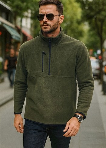 Fermuarlı Haki Erkek Sweatshirt