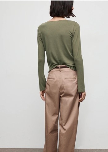 Kadın Haki Kayık Yaka Uzun Kollu Basic Bluz - Görsel 4