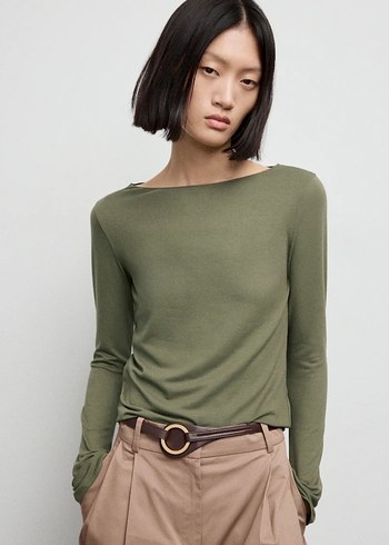 Kadın Haki Kayık Yaka Uzun Kollu Basic Bluz - Görsel 3