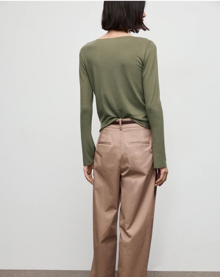 Kadın Haki Kayık Yaka Uzun Kollu Basic Bluz - Görsel 4