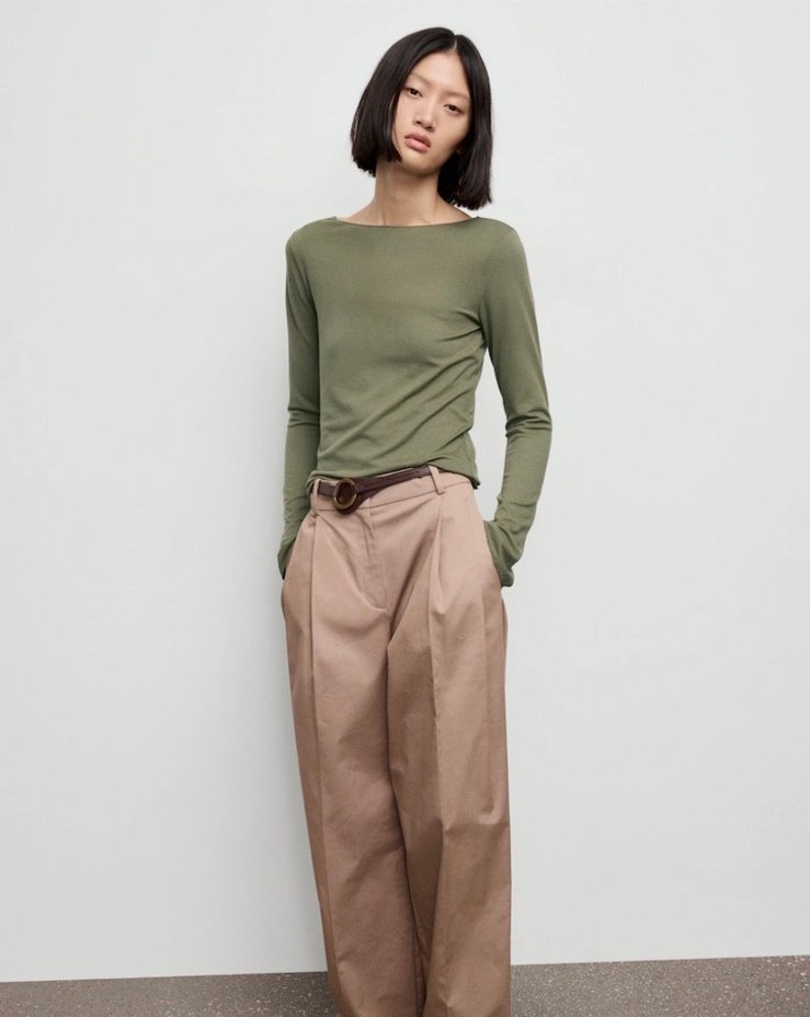 Kadın Haki Kayık Yaka Uzun Kollu Basic Bluz - Görsel 2