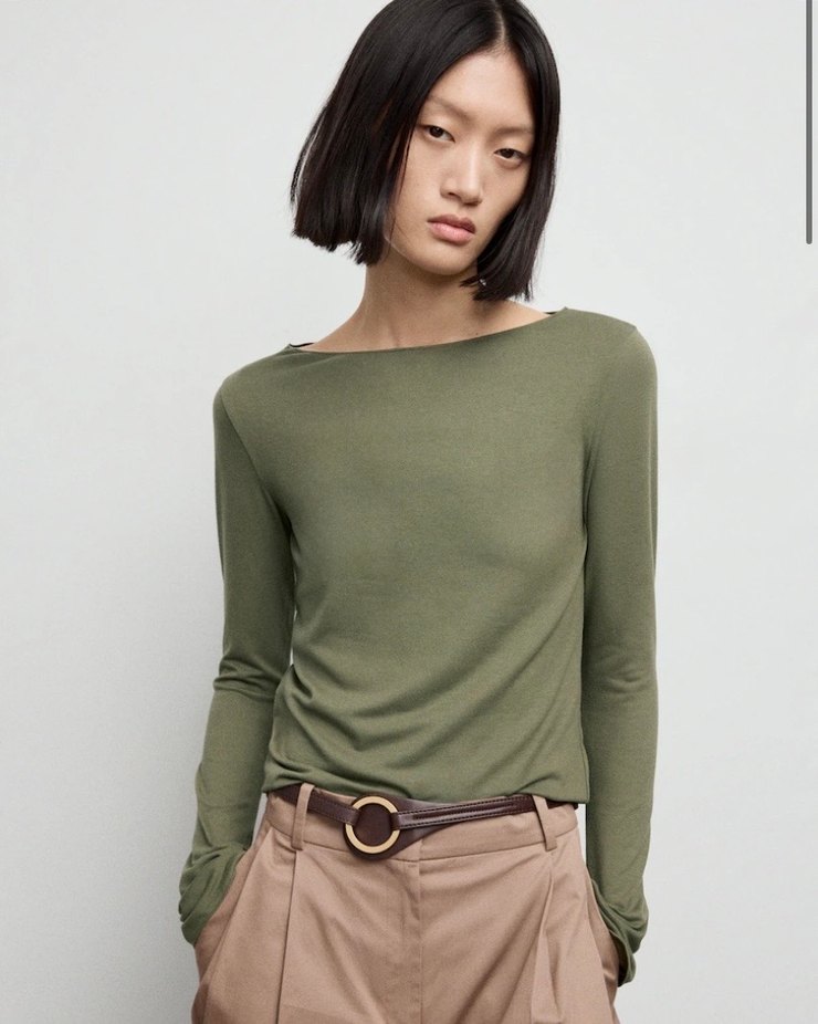 Kadın Haki Kayık Yaka Uzun Kollu Basic Bluz - Görsel 3