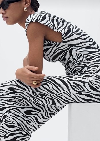 Zebra Desenli Uzun Drapeli Kadın Elbise - Görsel 5