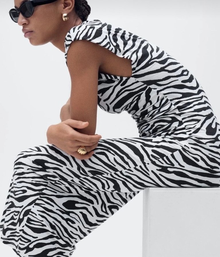 Zebra Desenli Uzun Drapeli Kadın Elbise - Görsel 5