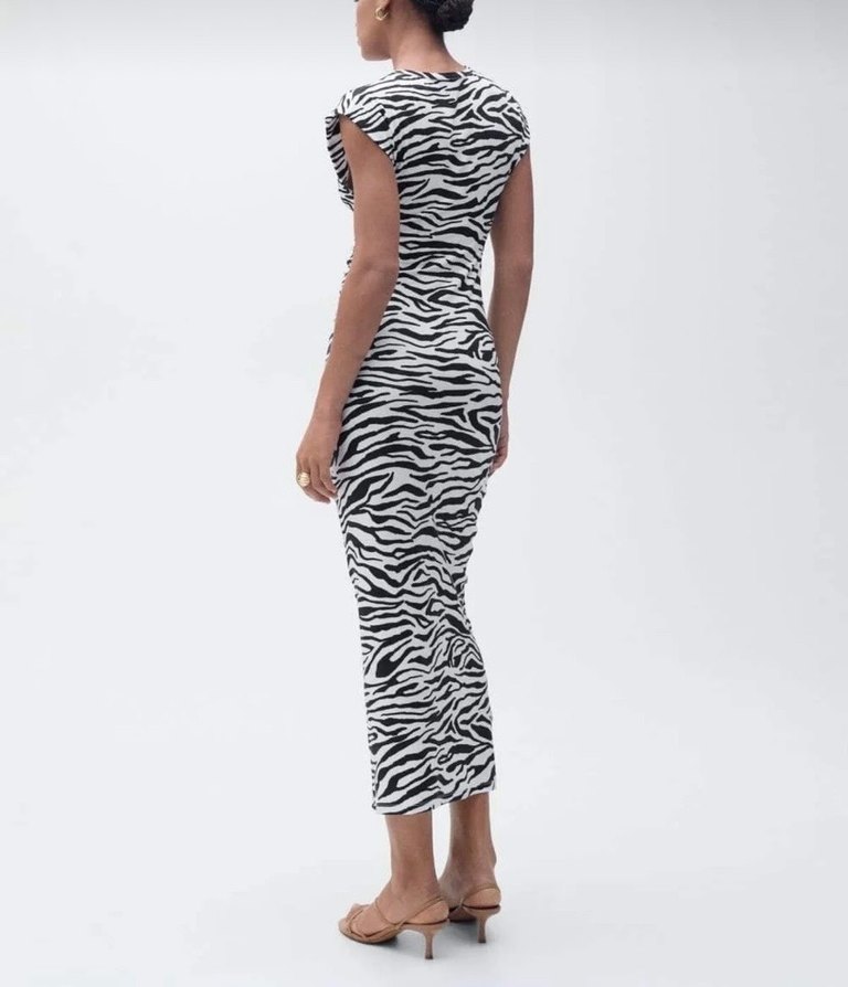 Zebra Desenli Uzun Drapeli Kadın Elbise - Görsel 3