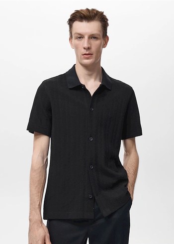 Erkek Siyah Kısa Kollu Keten Polo Tişört - Görsel 2