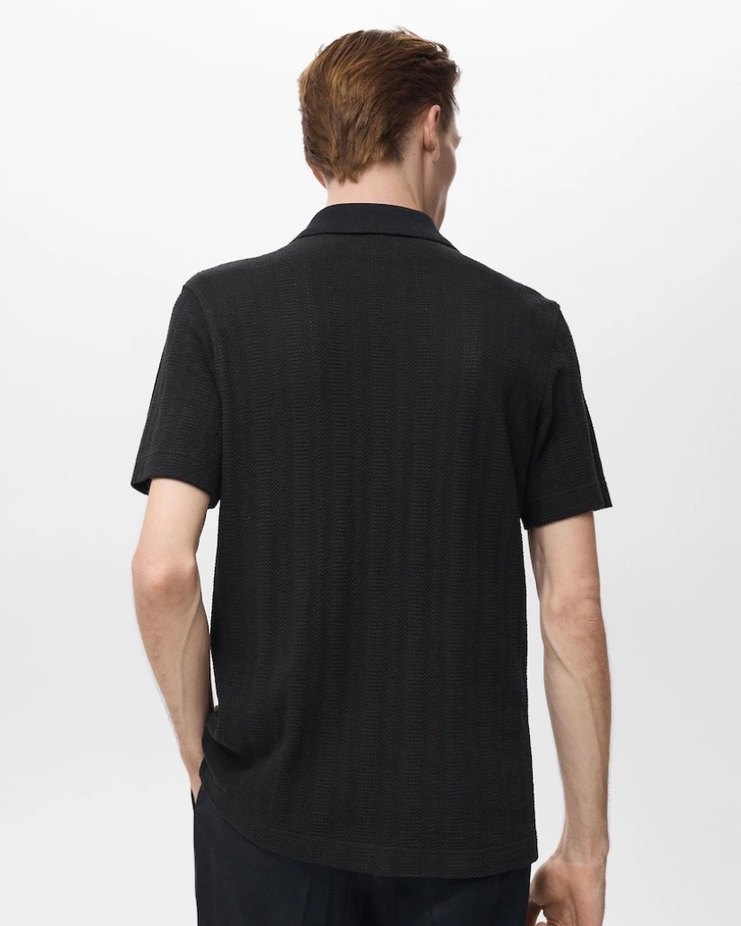 Erkek Siyah Kısa Kollu Keten Polo Tişört - Görsel 3