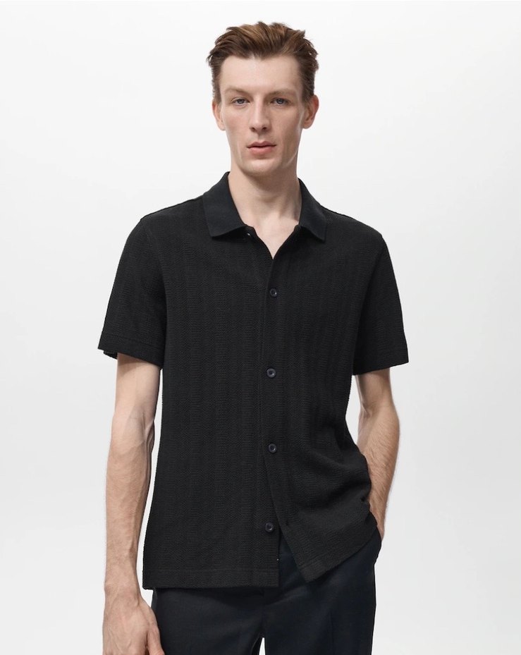 Erkek Siyah Kısa Kollu Keten Polo Tişört - Görsel 2