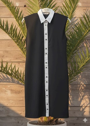 Siyah Düğmeli Kolsuz Midi Elbise - Görsel 3