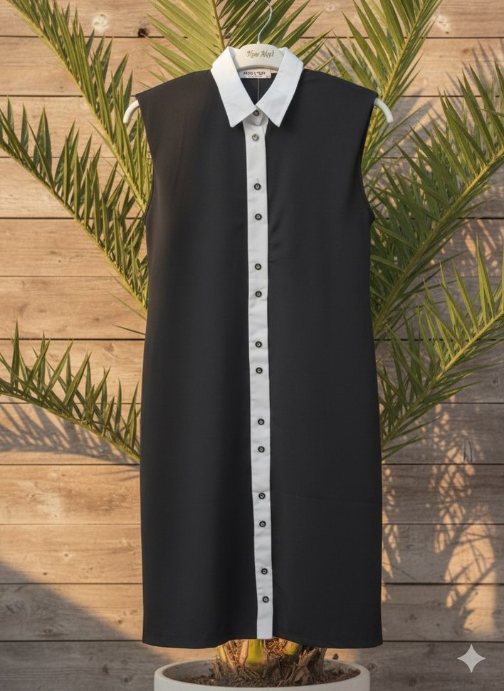 Siyah Düğmeli Kolsuz Midi Elbise - Görsel 3