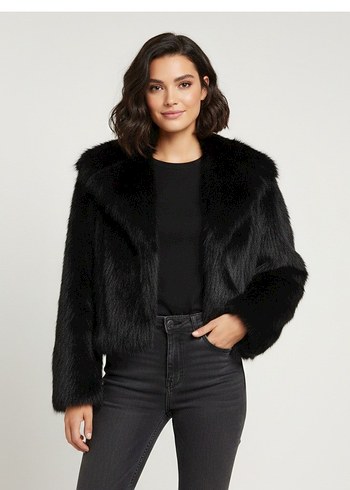 Siyah Kadın Midi Boy Kürk Detaylı Ceket - Görsel 4