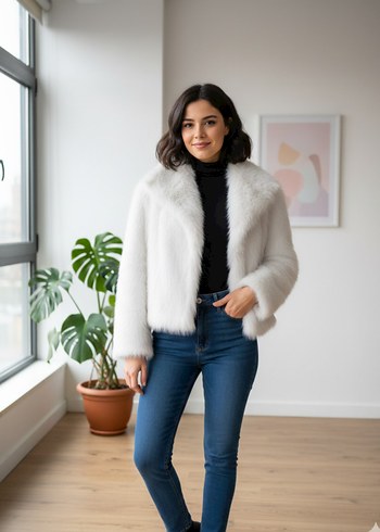 Siyah Kadın Midi Boy Kürk Detaylı Ceket - Görsel 5