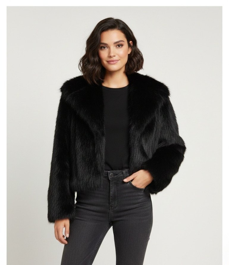 Siyah Kadın Midi Boy Kürk Detaylı Ceket - Görsel 4