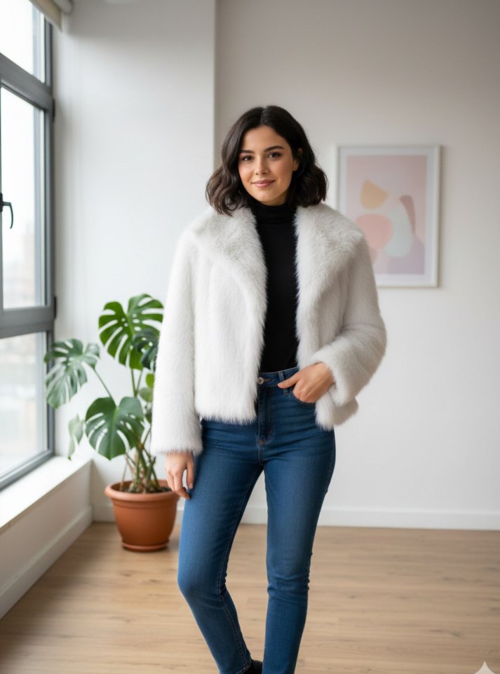 Siyah Kadın Midi Boy Kürk Detaylı Ceket - Görsel 5