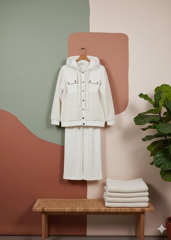 Bej Midi Kadın Peluş Ceket ikili takım - Görsel 4