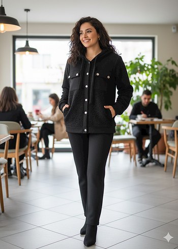 Bej Midi Kadın Peluş Ceket ikili takım - Görsel 2