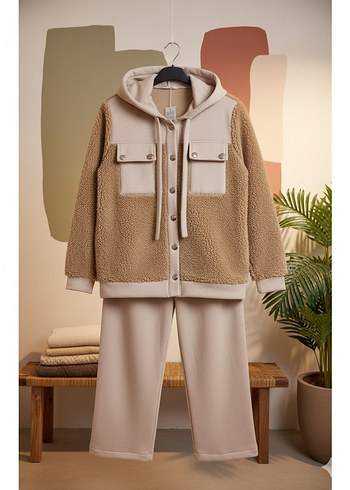 Bej Midi Kadın Peluş Ceket ikili takım - Görsel 7