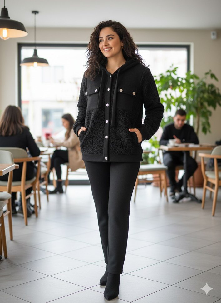 Bej Midi Kadın Peluş Ceket ikili takım - Görsel 2