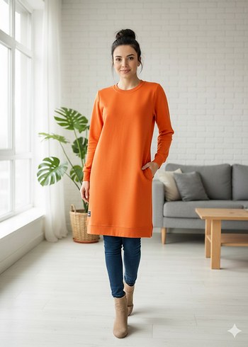 Camel Renkli Kadın Midi tunik penye - Görsel 4