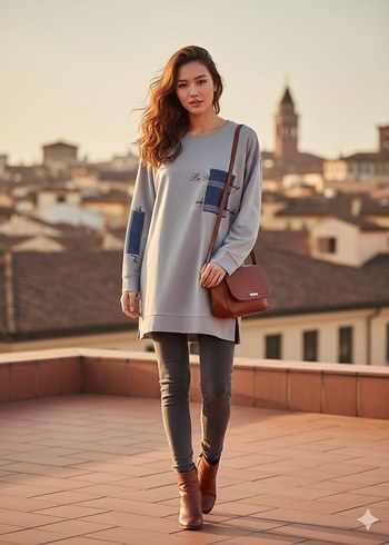 Camel Renkli Kadın Midi tunik penye - Görsel 5