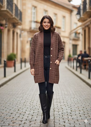 Bej Kareli Midi Triko Hırka - Görsel 2