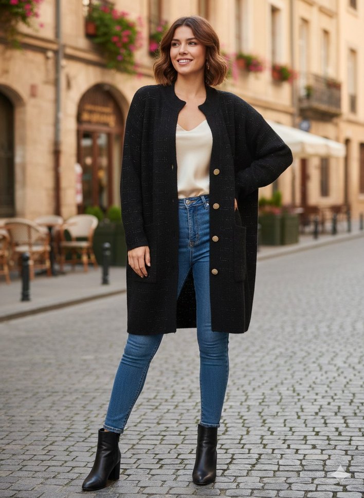 Bej Kareli Midi Triko Hırka - Görsel 3