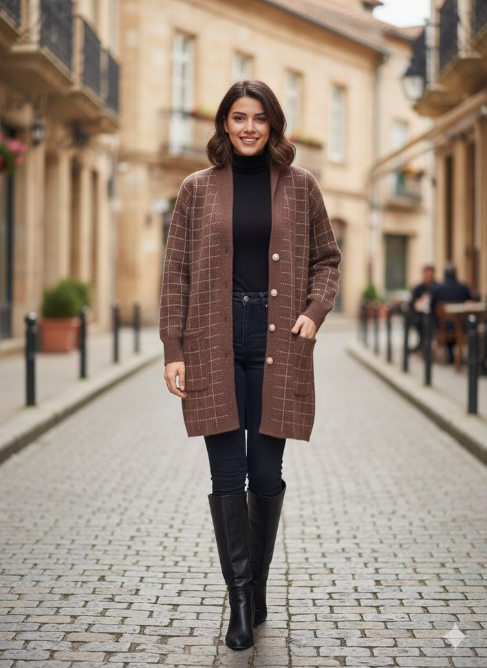 Bej Kareli Midi Triko Hırka - Görsel 2