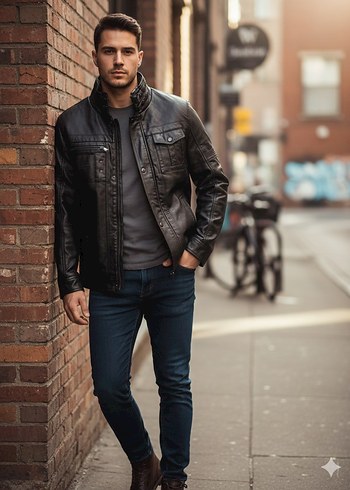 Gri Kürklü Siyah Deri Erkek Ceket - Görsel 5